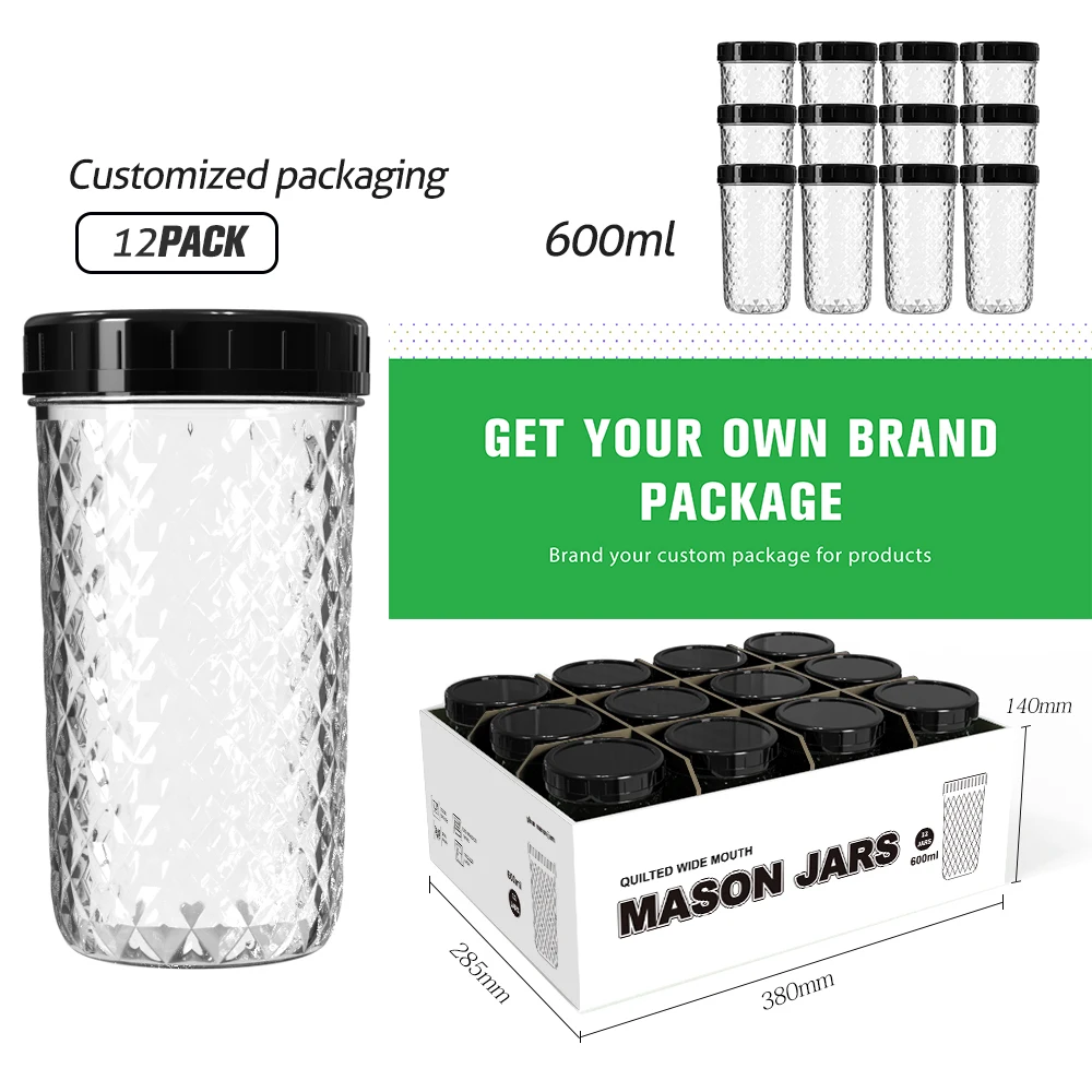 Wholesale 600ml 20 oz Glass Mason Jars With plastic Lids Canning Jars for Jam Honey Cookie Jelly Pickle Caviar chilli sauce