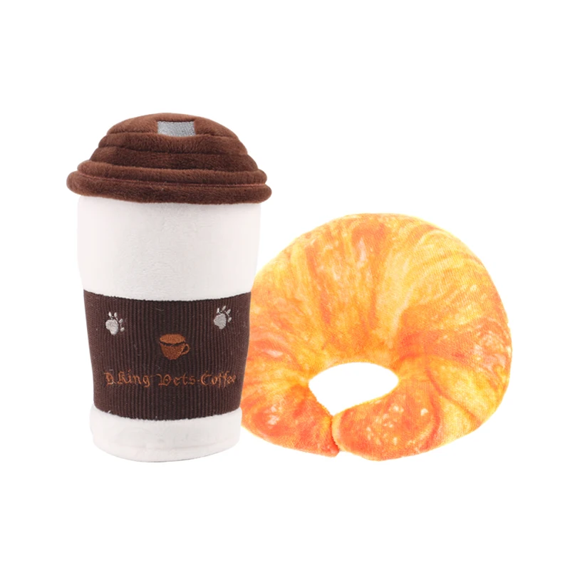Coffee and Bread Style Pet Toys Food Shape Squeaky Chew Dog Toy Plush