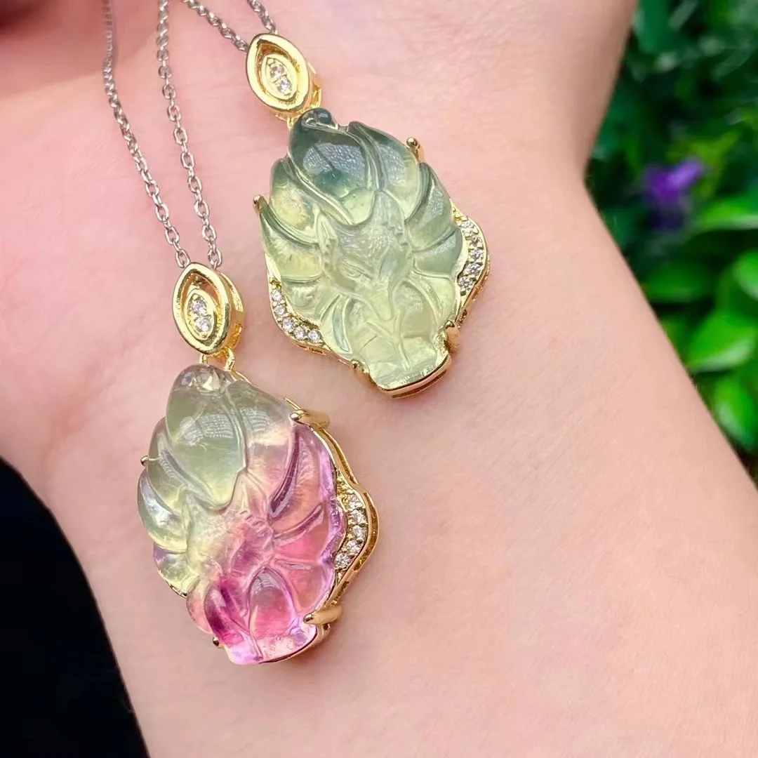 Healing Natural Rainbow Fluorite Nine-tailed Fox Pendant Stone Carving Animal Necklace Pendant Protection Amulet Lucky Charm