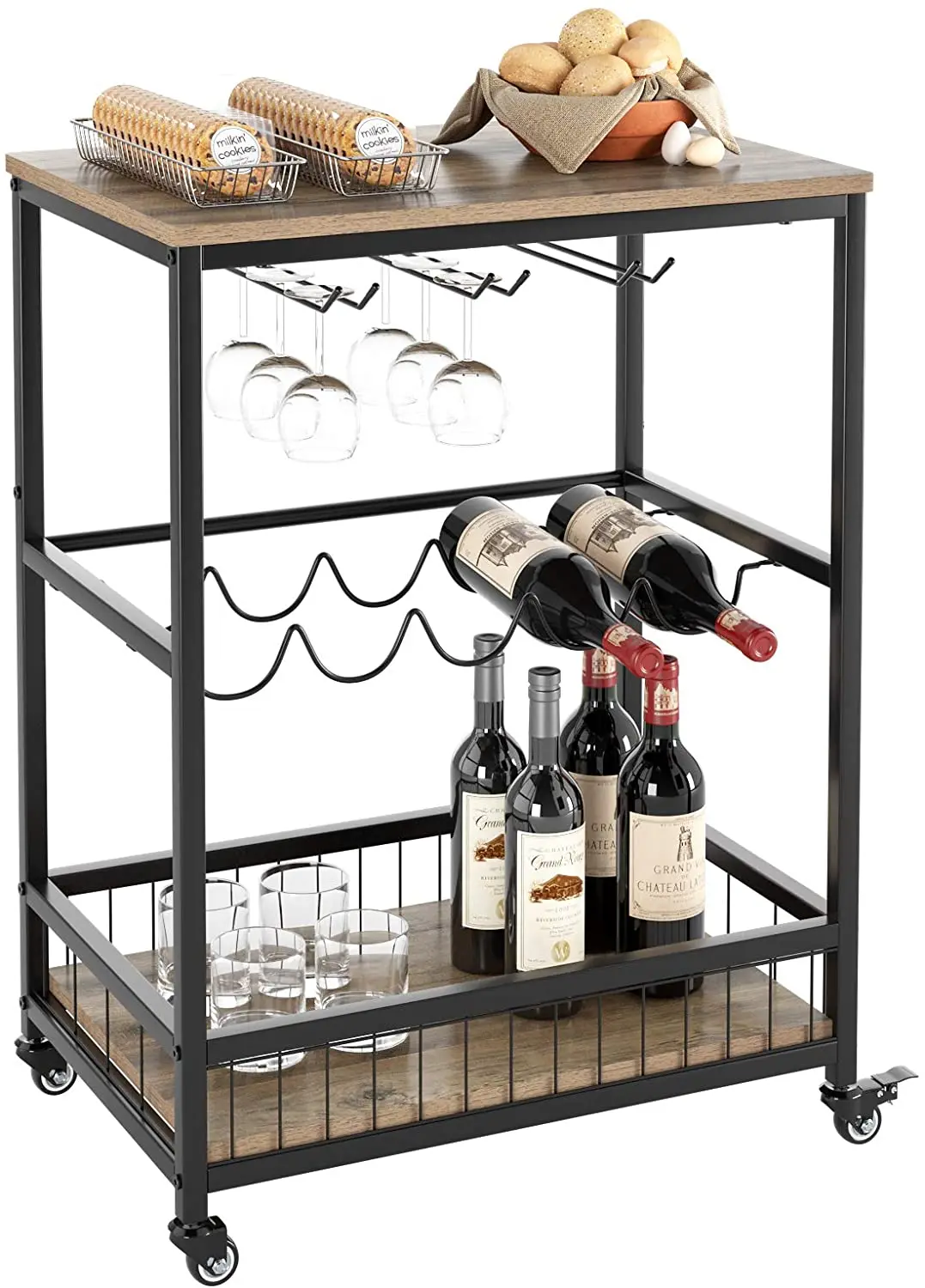 
Wine Bar Cart, Simple Modern Beverage Cart with Wine Rack/Glass Holder, Rolling Serving Cart with Lockable Wheels for Home Kitc 