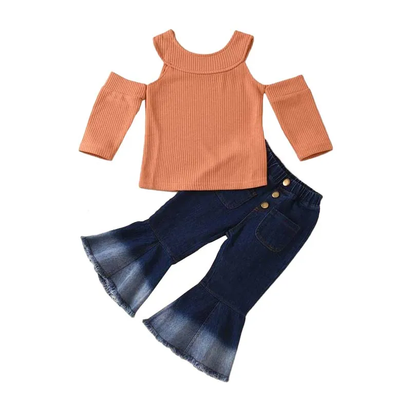 Детская одежда yiwu однотонные с круглым вырезом без бретелек трикотажные в рубчик джинсовые расклешенные брюки костюм для маленьких девочек