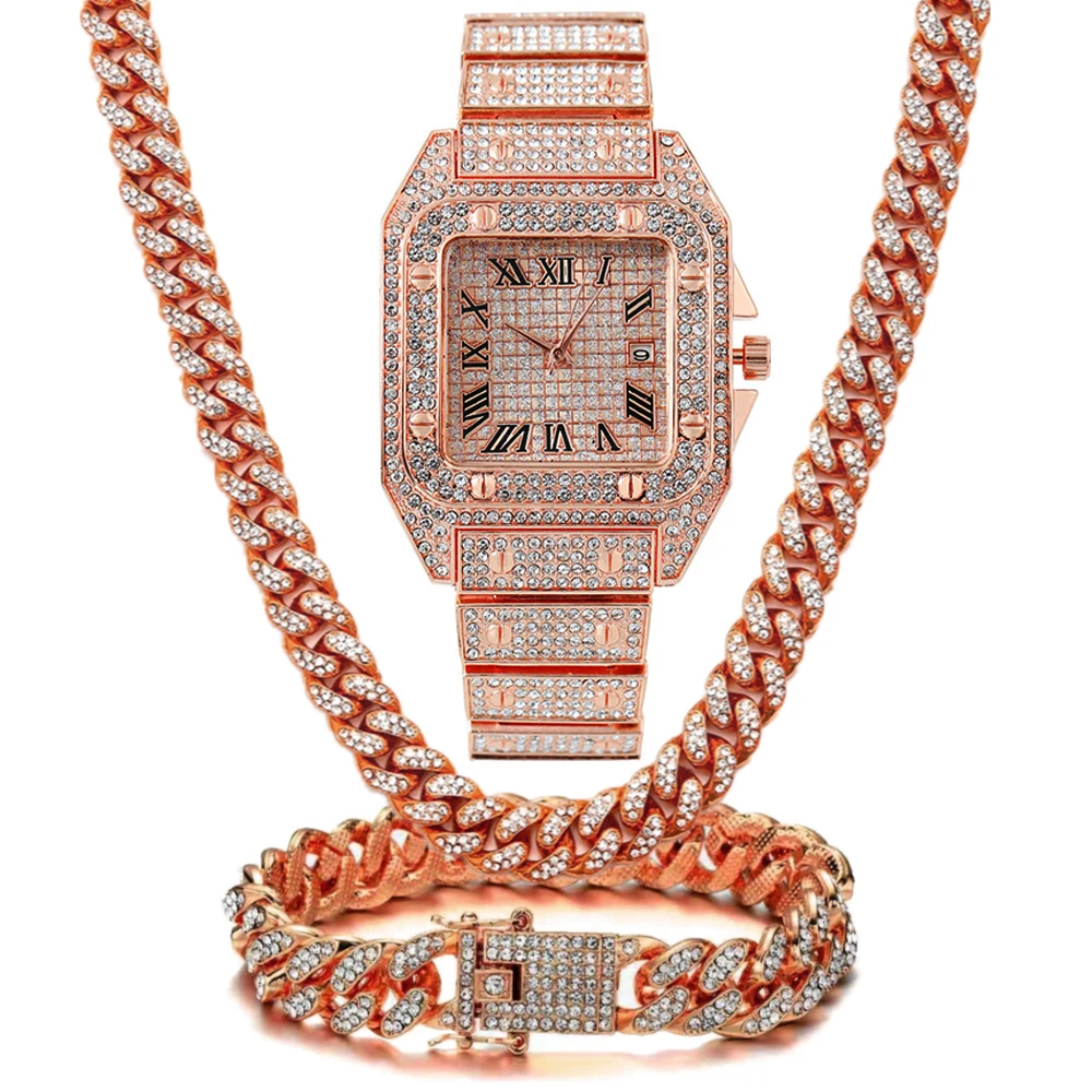 Men Hip hop Watch jewelry sets Iced Out watch for men Cuban Chain Necklace bracelet set Miami Cuban Chain Watches Christmas Gift