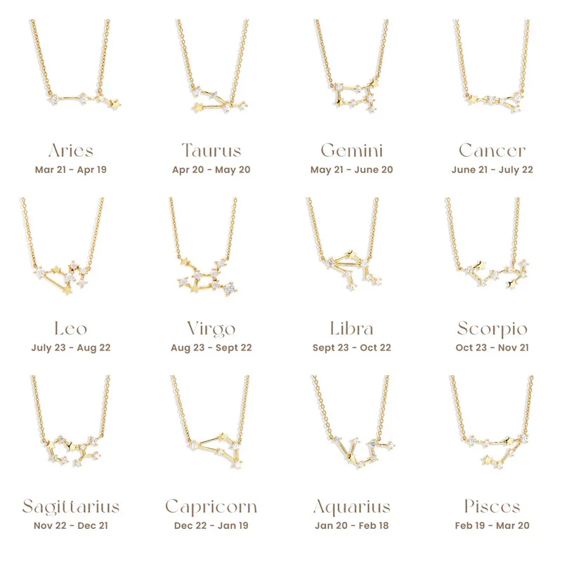 High Quality Sterling Silver Crystal Constellations Charm Star S925 Zodiac Gold Plated Women Necklace Jewelry
