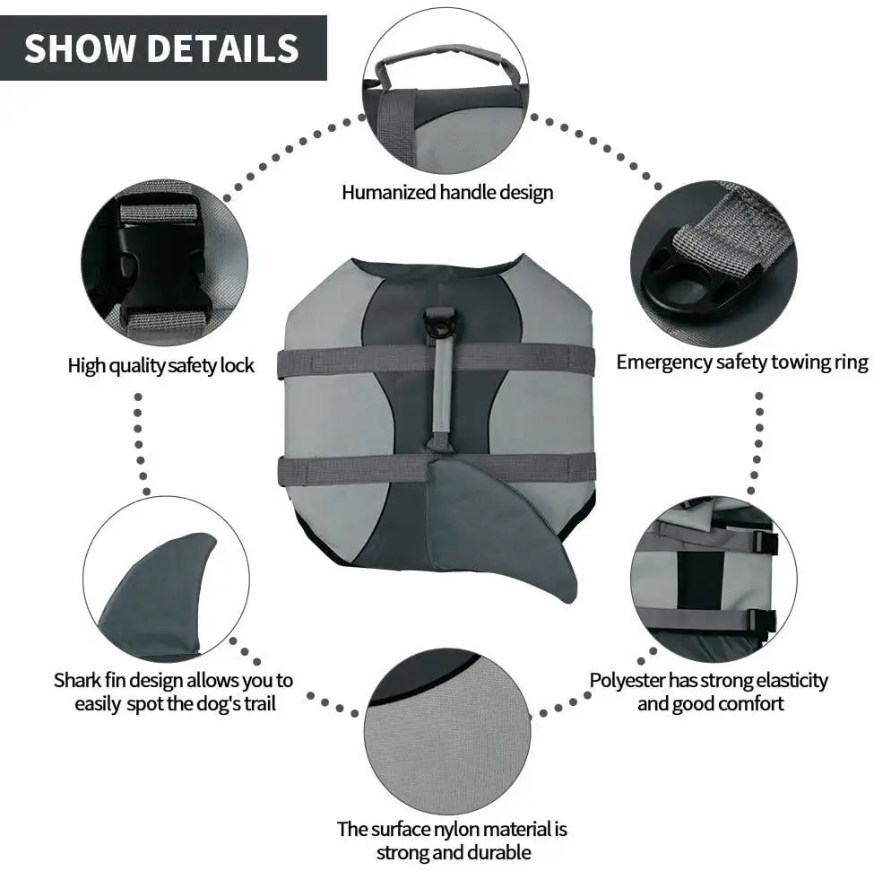 Ripstop Dog Life Jackets Adjustable Pet Swimsuit Shark Fin or Mermaid Tail Design with Lift Handle for Dogs During Boating