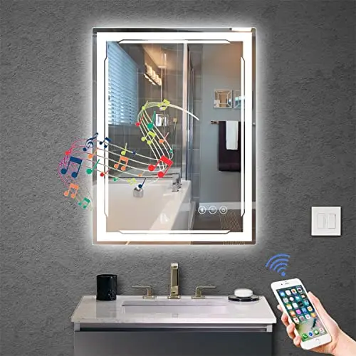 Lighted Bathroom Mirror with Speaker - Smart LED Vanity Makeup Wall Mounted Mirrors Cosmetic Silver Modern Rectangle 3 Years BM