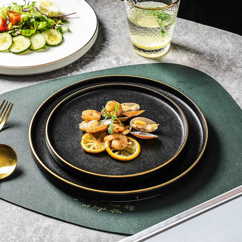6/8/10 inch factory wholesale stoneware flat dish serving gold rim matte ceramic black Dinner plates steak Plate For Restaurant