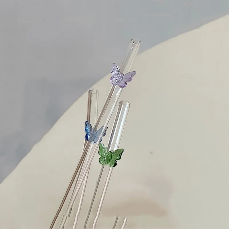 Hot selling item Glass straw with butterfly bow tie  bent straws for smoothie juice beverage  party office wedding 200*8mm size