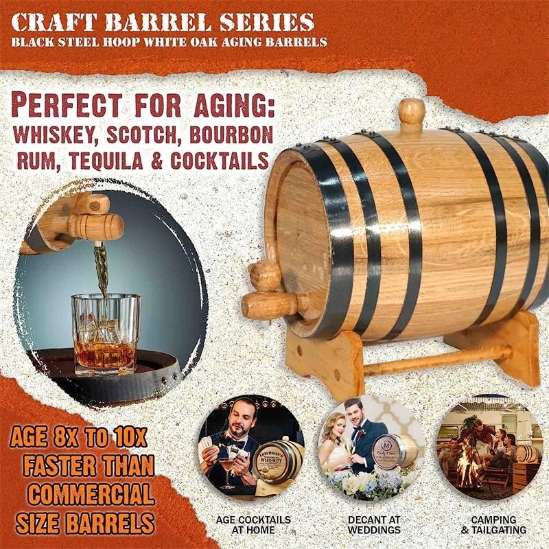 Oak Aging Barrel Home Alcohol Distiller Whiskey Wine Barrel Furniture Oak Aging Barrel with Wood Stand