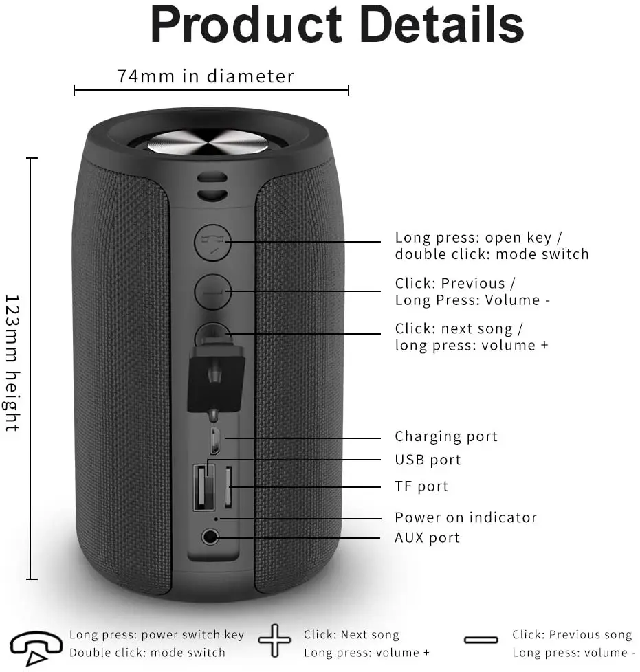 Mini Portable HIFI Subwoofer Speaker ZEALOT S32 Wireless Speaker with FM Radio Column Support TF, TWS, USB Flash Drive