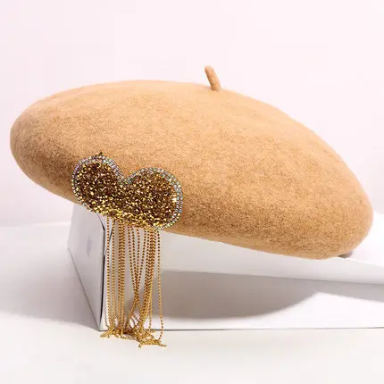 Custom Classy Rhinestone Bling Hat Women Love Pattern Diamond Tassel Wool Berets