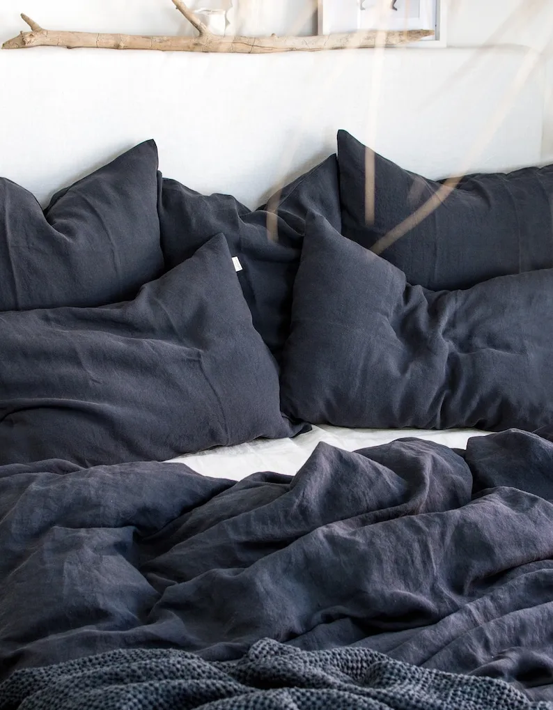 Graphite Blue Linen Bedding Set Duvet Cover & 2 Pillowcases King Queen Full Double Twin Single Anthracite Gray Blue Washed Soft