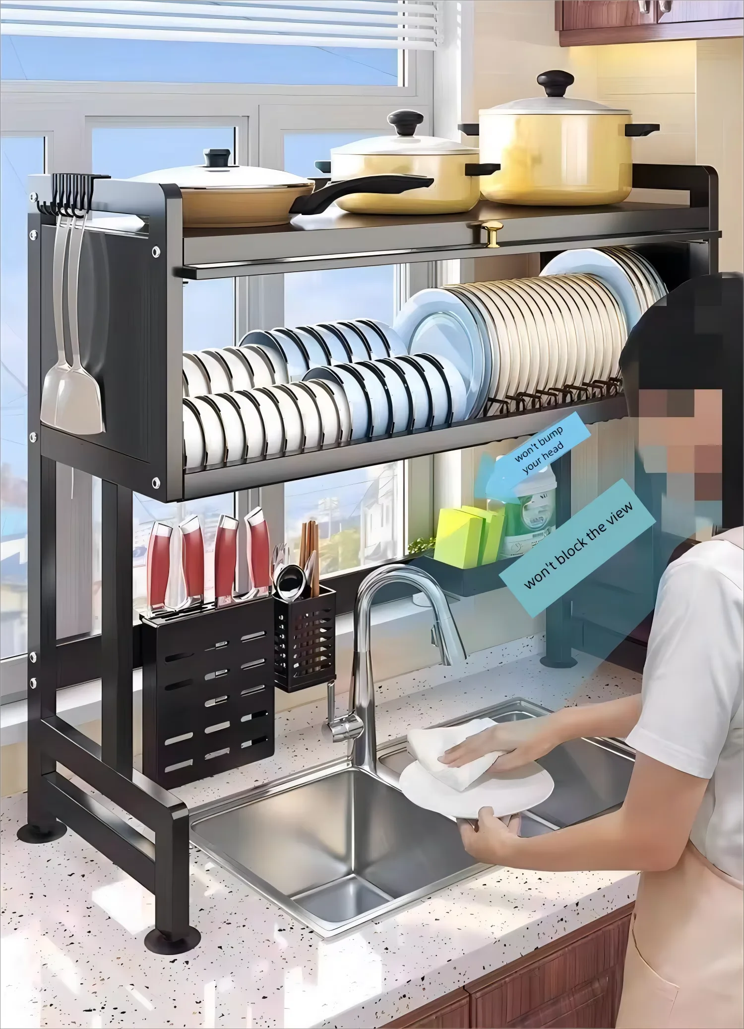 AKX Multifunction Organizer Storage Shelf High Efficiency Dish Rack Over Sink Dish Drainer Drying Rack