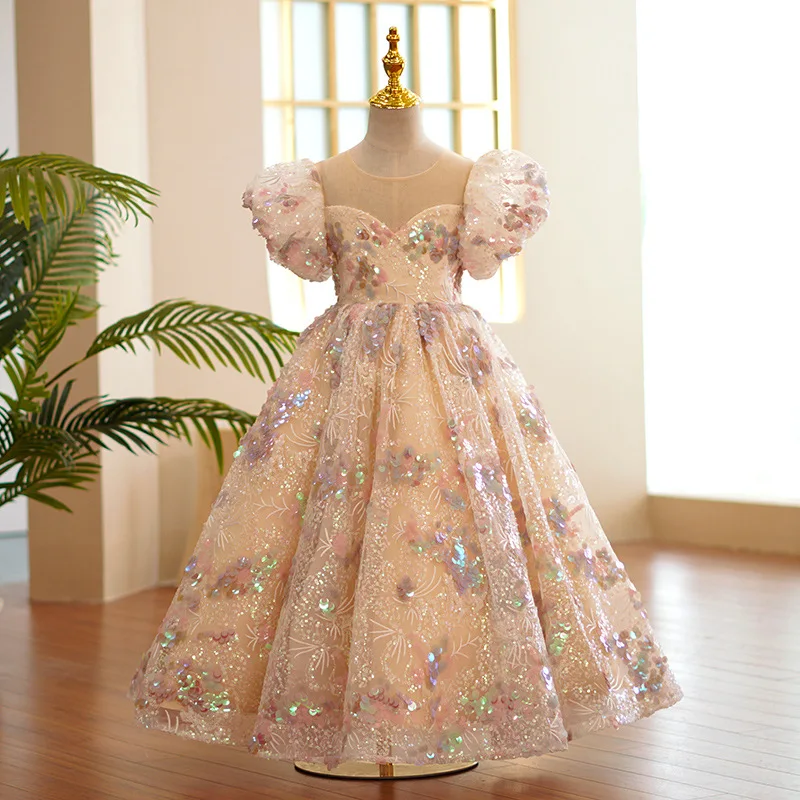 Summer Sequined Flower Girls Princess Puff Sleeve Maxi Evening Dresses Kids Performance Party Wedding Ball Gowns