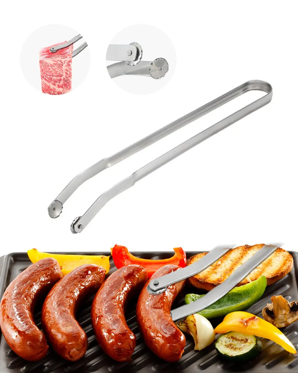 Stainless Steel BBQ Sausage Cooking Rotating Tongs Cooking Grilling Tongs Bacon Steak Meat Sausage Vegetables BBQ Tongs