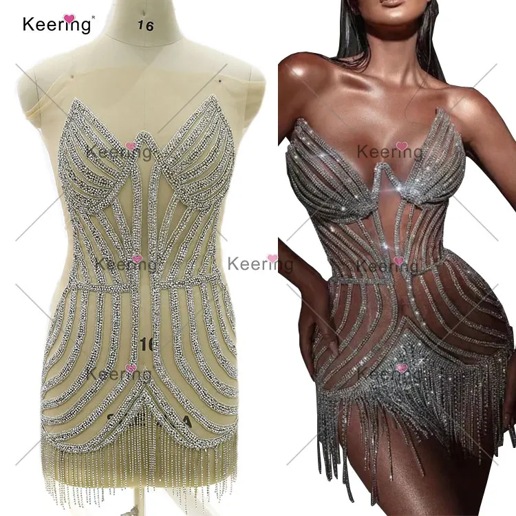 WDP-420 Gold Sliver Crystal Beaded Rhinestone Wedding Orange Bodice Applique For Bridal Bridesmaid Evening Party Dancing Dress