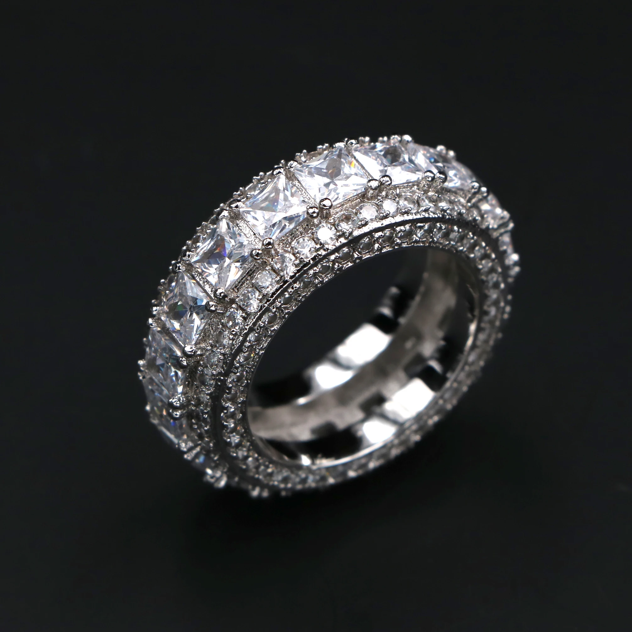 Mister Jewelry Prong CZ Pave White Gold Layer Baguette Men Diamond Band Ring