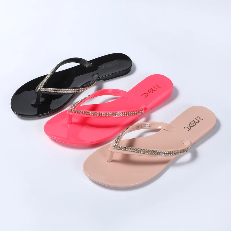 2021 New ladies fashion PVC slides wholesale quality summer flat sandal shiny diamond slipper custom jelly flip flop for womens