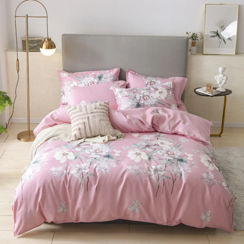 Single Size 3-piece 100% Brushed Micorifber Bed Sheets Set Pink Printing Duvet Cover Set