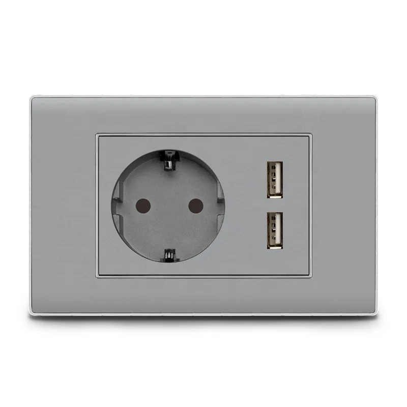 EU Standard Home Wall Charging Power Socket Outlet, 16A USB Germany Sockets with Galss Panel Plug , AC110-250V