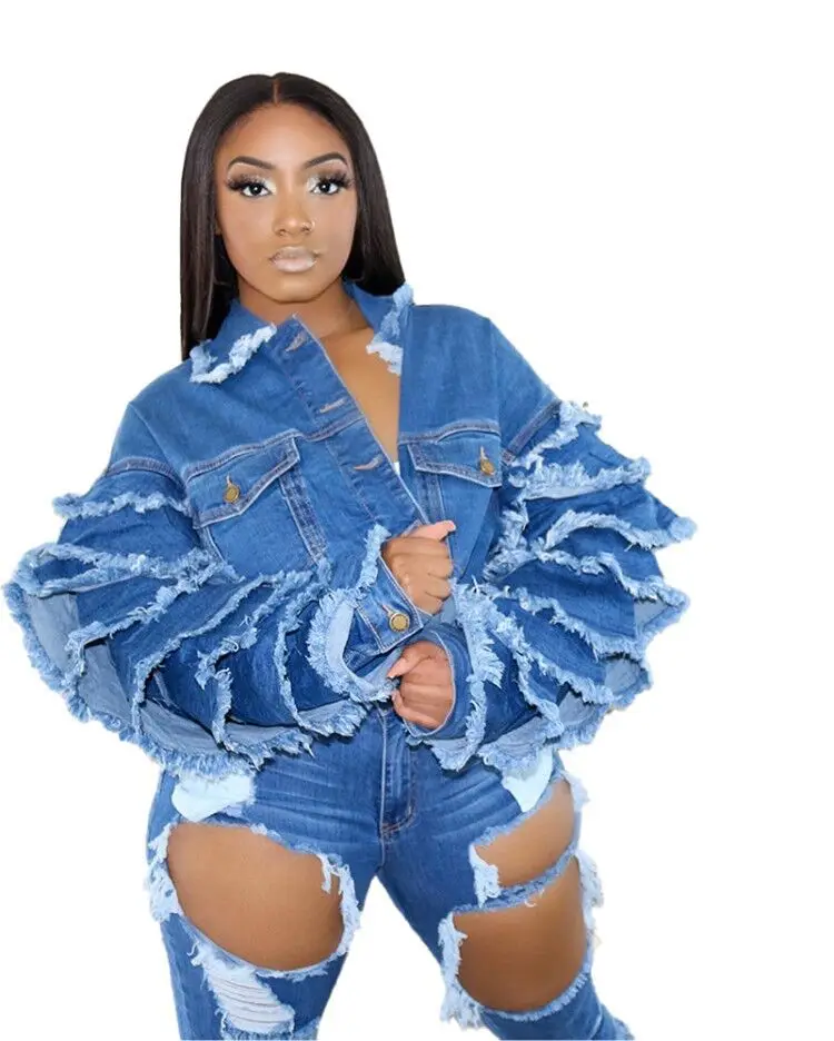 2021 New style ladies frayed fringe style blue denim jacket bell short-sleeved flared jeans jacket for women