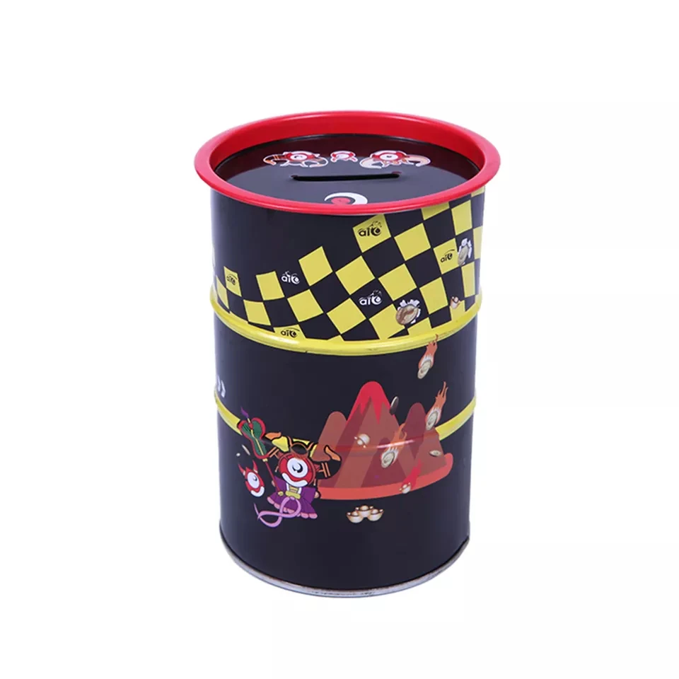 Factory Made Cheap Metal Oil Drum Shape Kids Saving Money Box Cheapest Round Tin Piggy Bank Money Saving Box