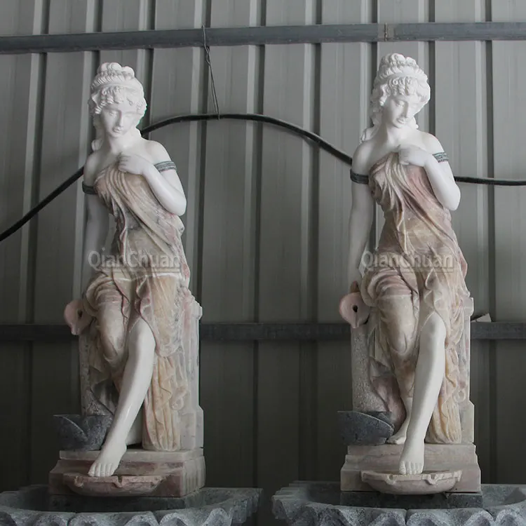 outdoor decor Life Size Natural Stone Outdoor marble Fountain sculpture colorful Marble Garden fountain female statue