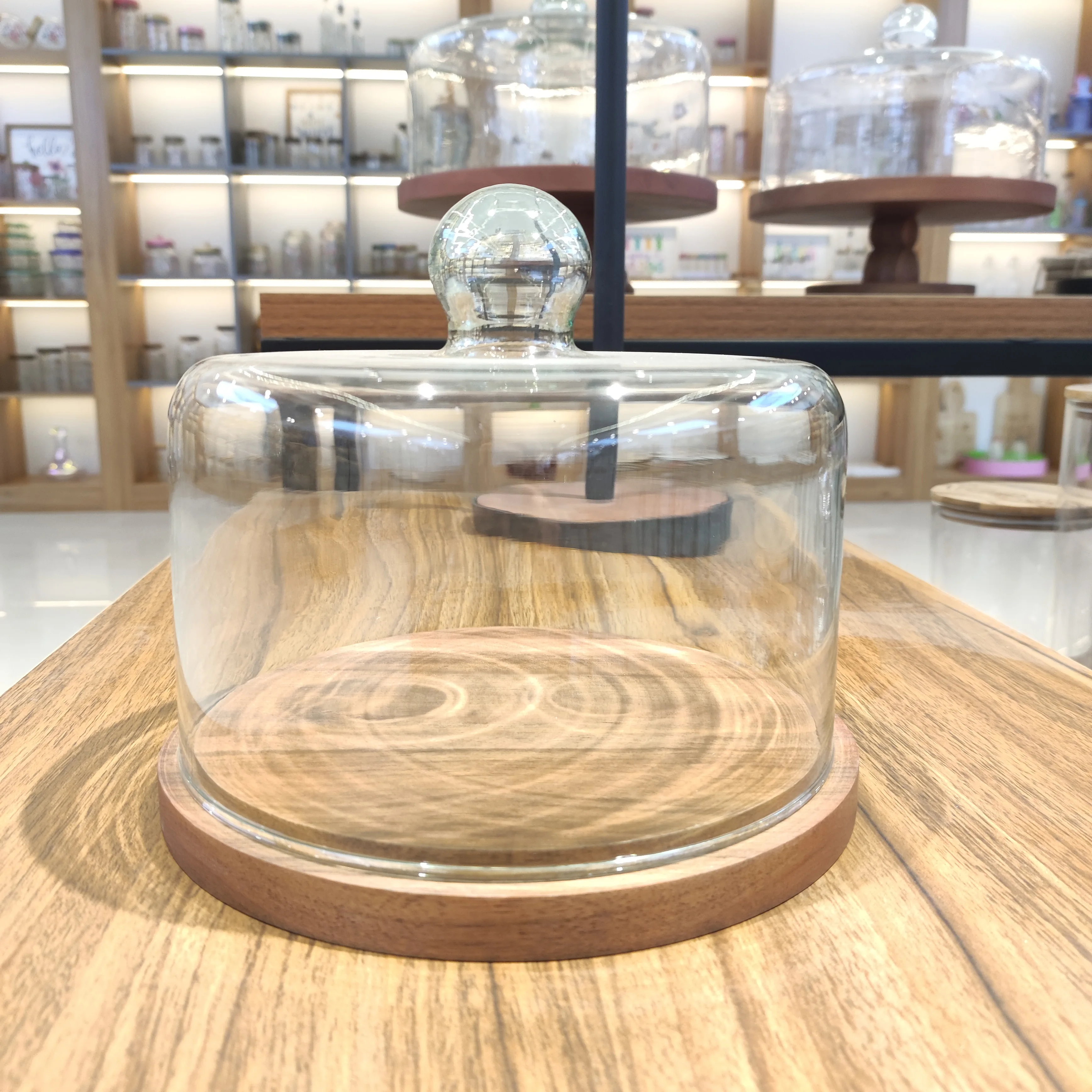 High Quality Acacia Wood Cake Holder Flat Round Wood Server Cake Stand with Glass Dome