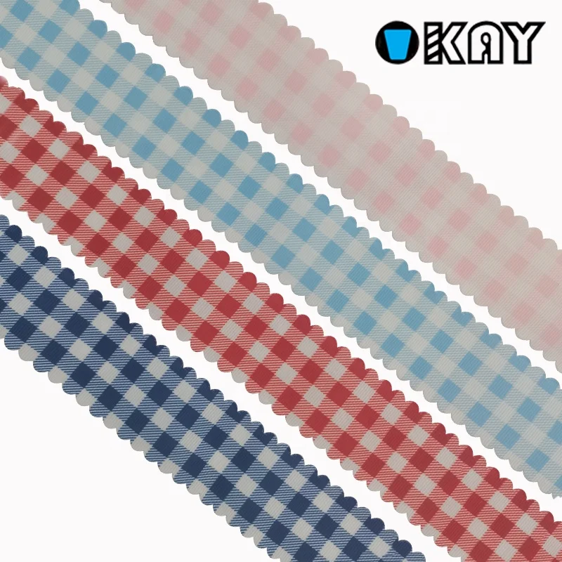 OKAY Customized Character White Grosgrain weave Gingham Check Scalloped Streamer for Hair Bow