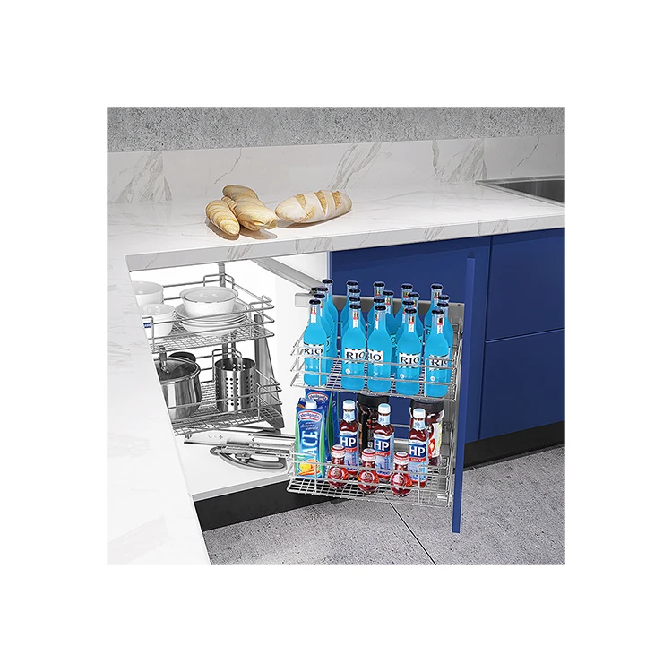 High Quality Wholesale Cheap Kitchen Cabinet Storage Wire Basket Magic Corner 2 Tier Pull Out Basket For Sale