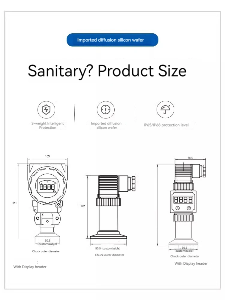 Clamp sanitary pressure transmitter pharmaceutical beer industry 50.5 chuck liquid level sensor 4-20mA
