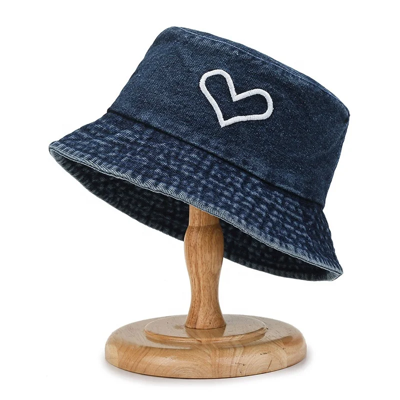 Wholesale Custom Unisex Fashion Washed Denim Cotton UV Protection Summer Travel Sun Hat Heart Embroidery Bucket Hat For Women