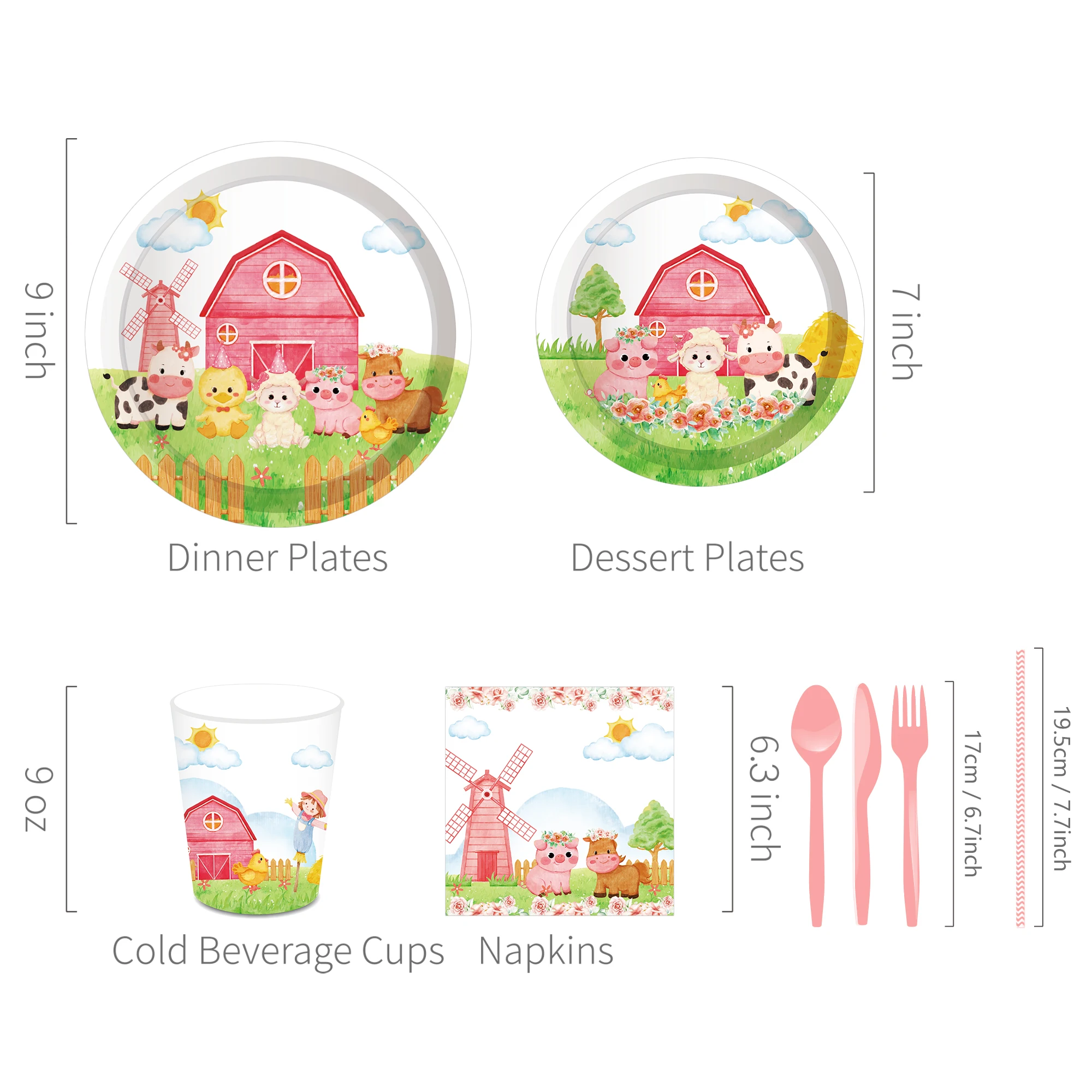 Huancai Pink Farm Animals Party Supplies Barnyard Paper Plates Cups Napkins Disposable Tableware Set for Kids Birthday Decor