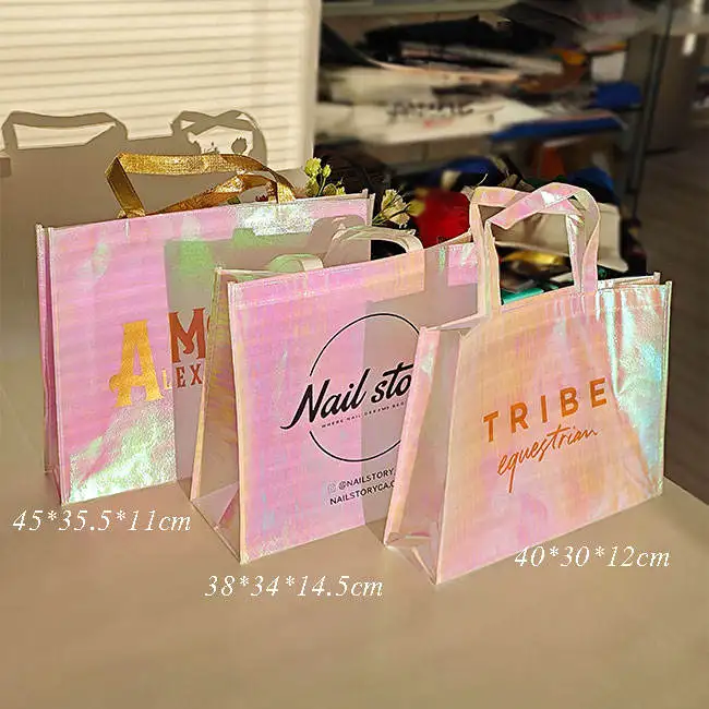 Custom Printed Luxury Metallic Foil Laminated Non Woven Gift Tote Pink Iridescent Glitter Reusable Shopping Bags With Logo