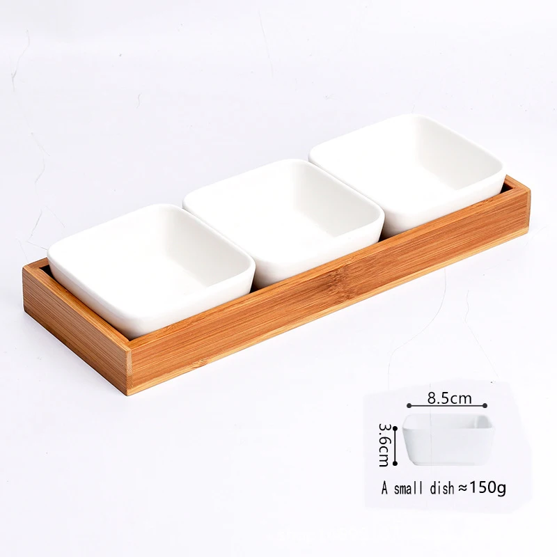 Removable Fruit Ceramic Compartment Bowls with Bamboo Serving Tray