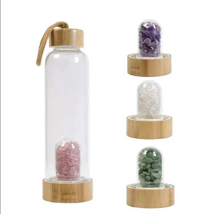 Custom Logo BPA Free Drink Crystal Infused Quartz Gemstone Crystal Healing glass Water Bottle