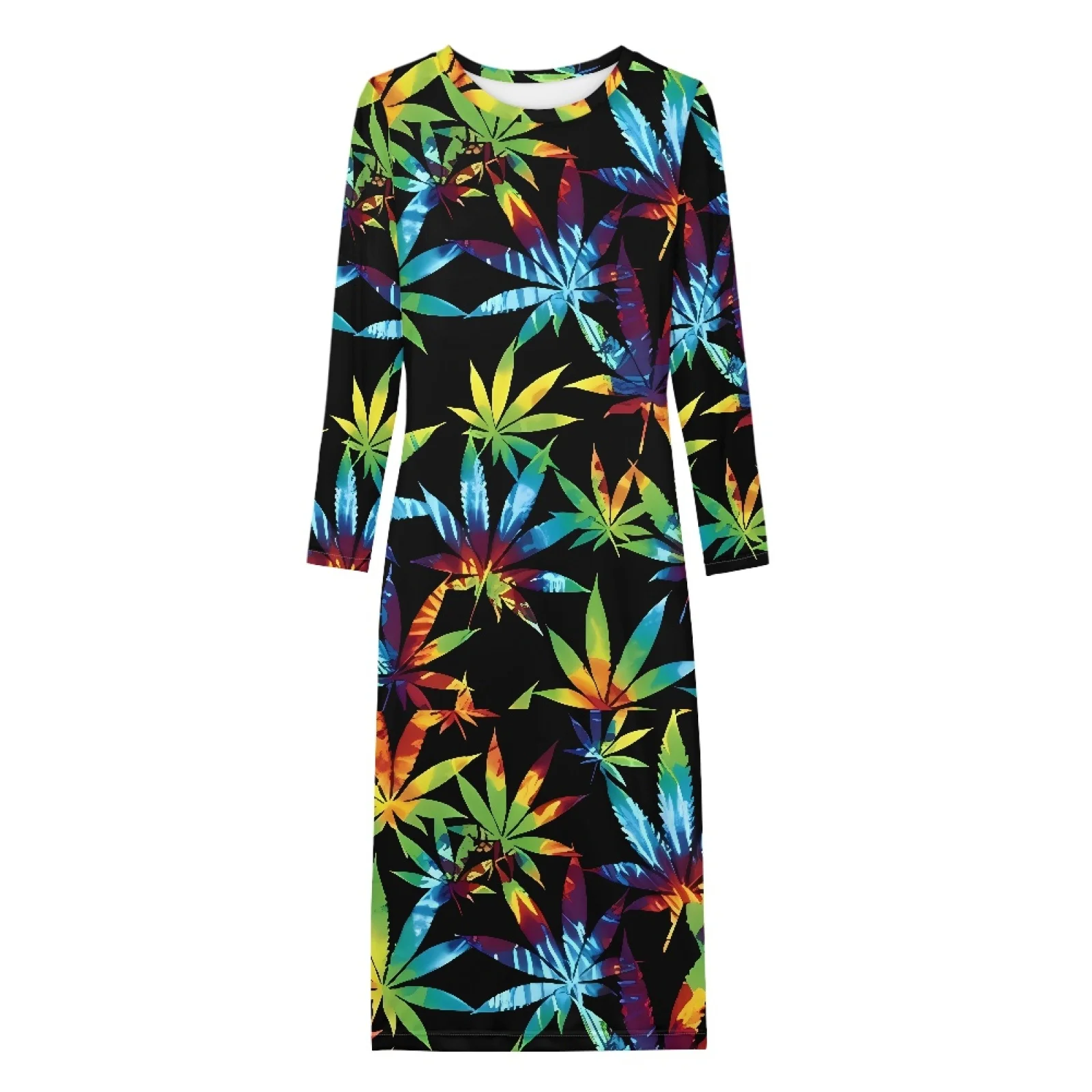 High Quality Spring Autumn Women Long Sleeve Maxi Dresses Hawaiian Leaf Print Round Neck Elegant Dress Party Club Bodycon Dress