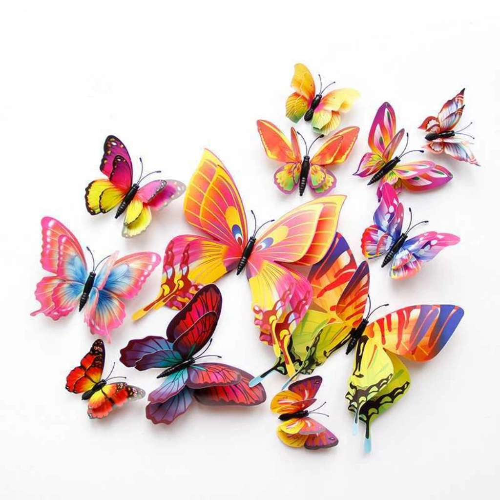 12pcs/Bag 3D Stereo Butterfly Sticker Double Layer Colorful Butterfly Wall Sticker Creative Home Refrigerator Decoration Sticker