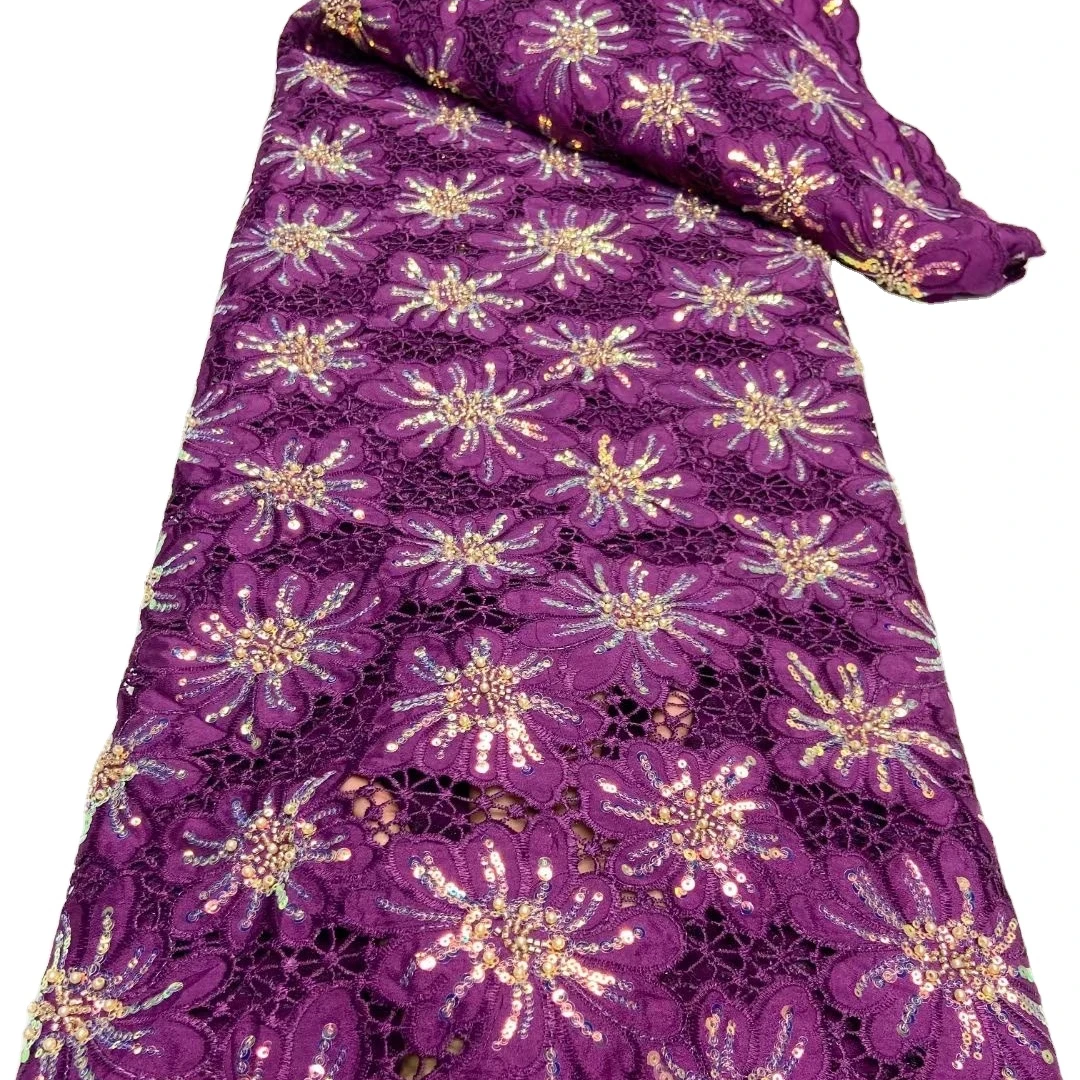 African Chiffon Lace Guipure Lace Fabric Embroidery With Sequins Mesh Fabric Milk Silk Cord Lace For Nigerian Women Wedding