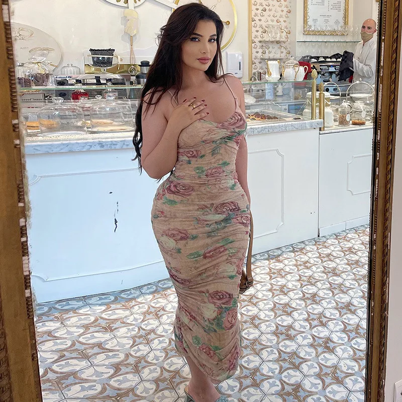 H9104 - women modern stylish printed sleeveless bandage bodycon maxi dress