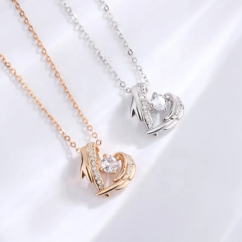 New Design Angel Wings S925 Silver Heart Necklace Versatile Clavicular Chain Rose Gold Love Pendant