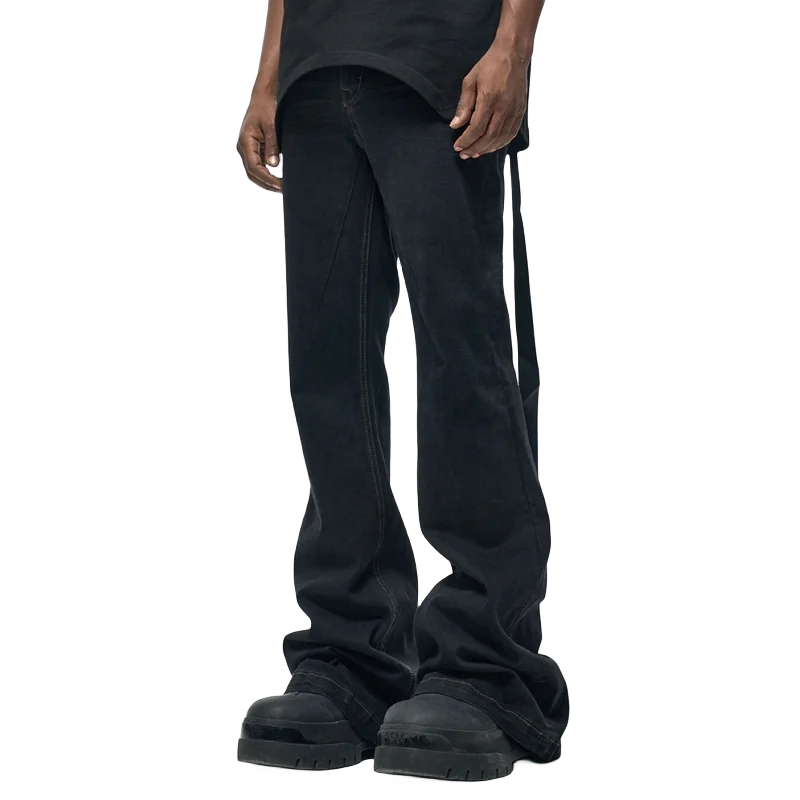 Custom label drop ship stock street wear stock baggy jeans manufacturer men black painted stacked flared  denim jeans