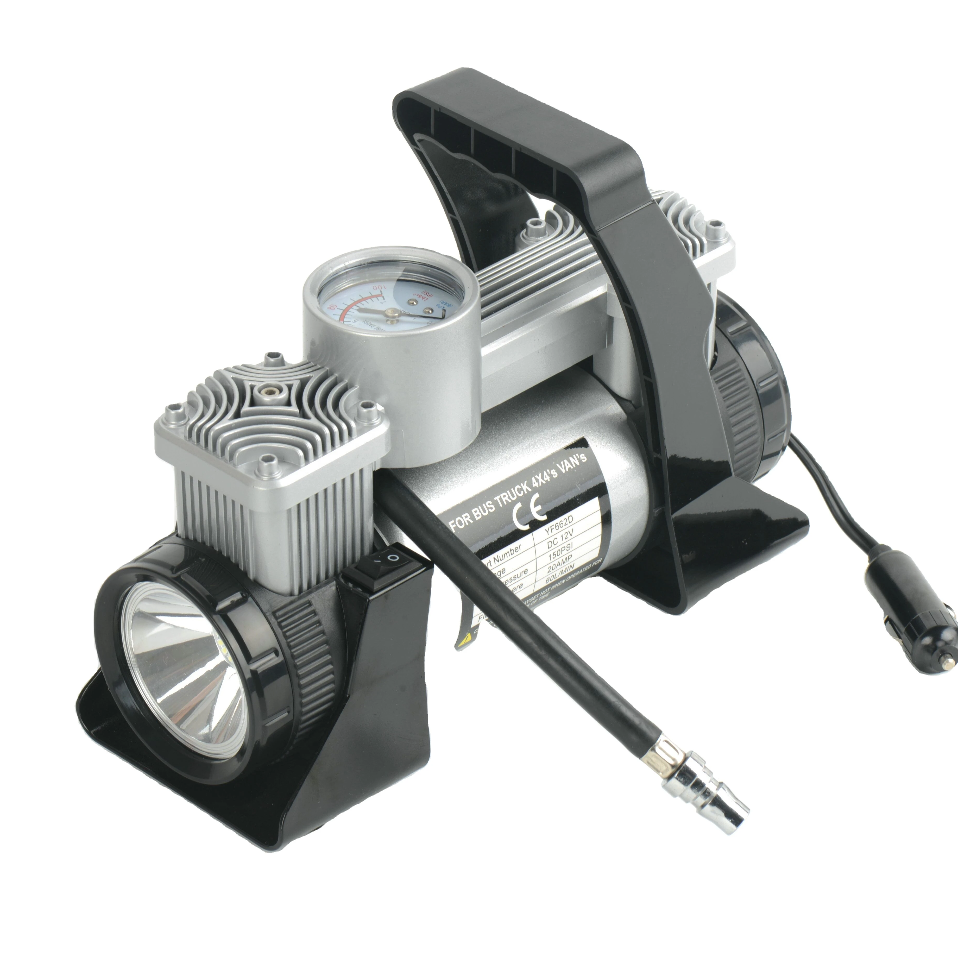 car air compressor with LED light DC12V air pump double cylinder 150PSI  metal pressure gauge