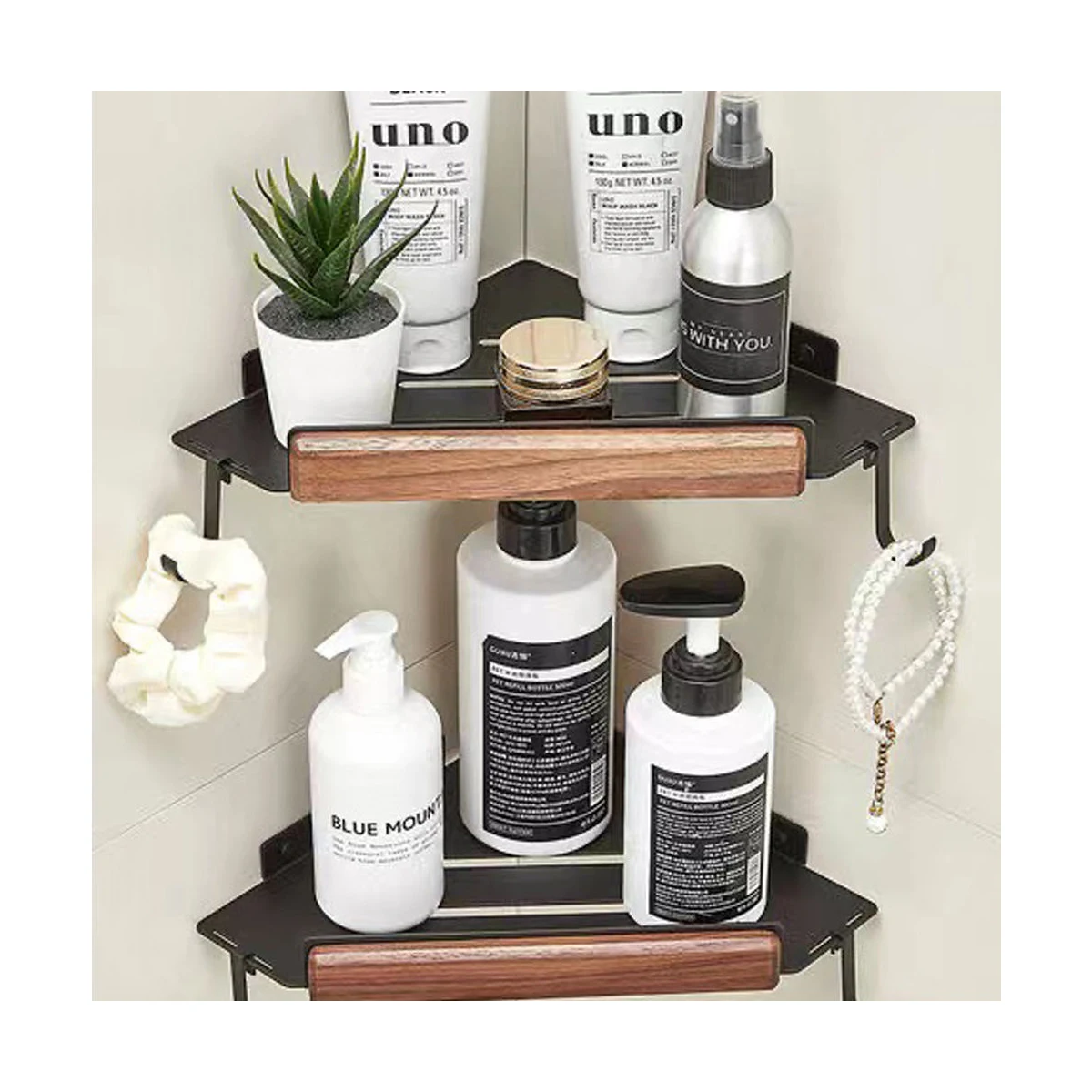 Bathroom Corner Shower Rack Space Aluminum with Wooden Black No Rusting Easily Wall Mount Triangular Shower Corner Shelf