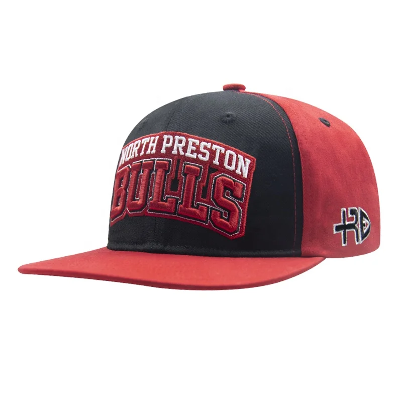 High Quality Custom Logo 6 Panel Two Tone Bulls 3d Puff Embroidery Adjustable Flat Hat Snapback Cap for Men