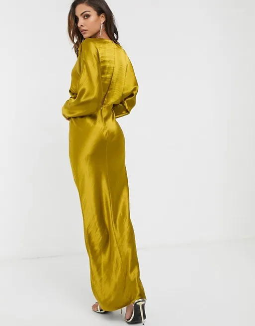 ZY 2020 latest design women custom batwing long sleeve v neck satin maxi dress