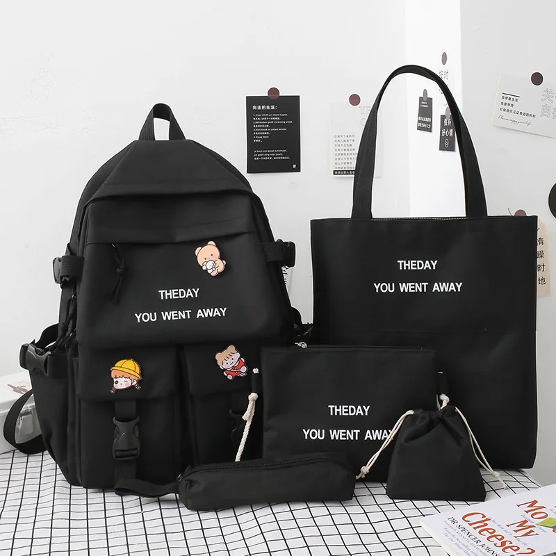New five-piece schoolbag Korean version ins color matching middle school student schoolbag fashion letter student backpack