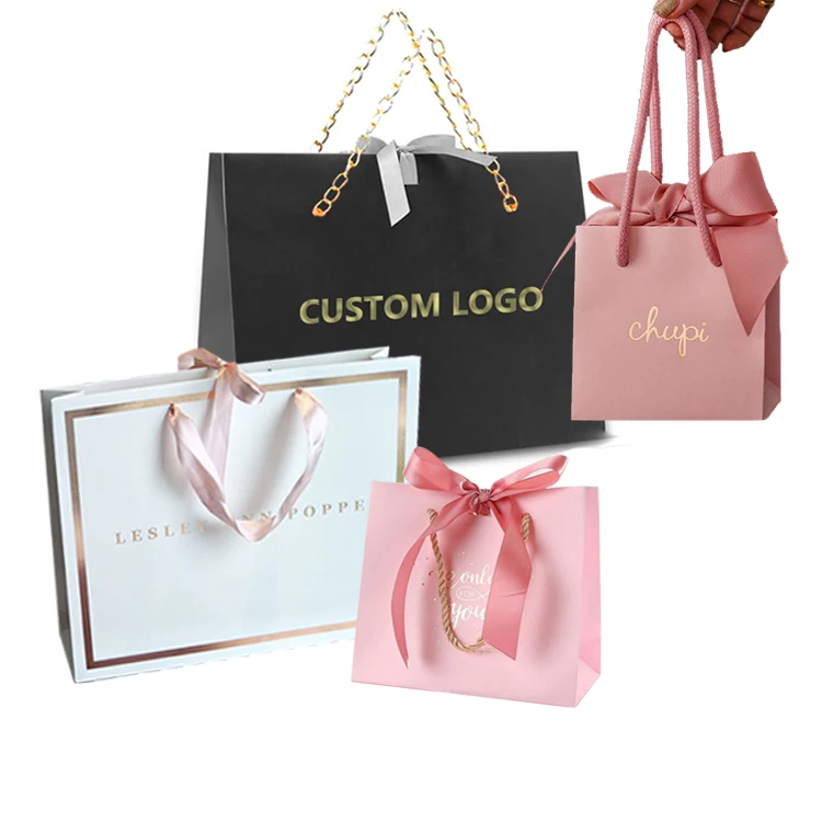 Luxury cardboard cosmetic shopping packaging custom white fashion design your own logo printed paper bag