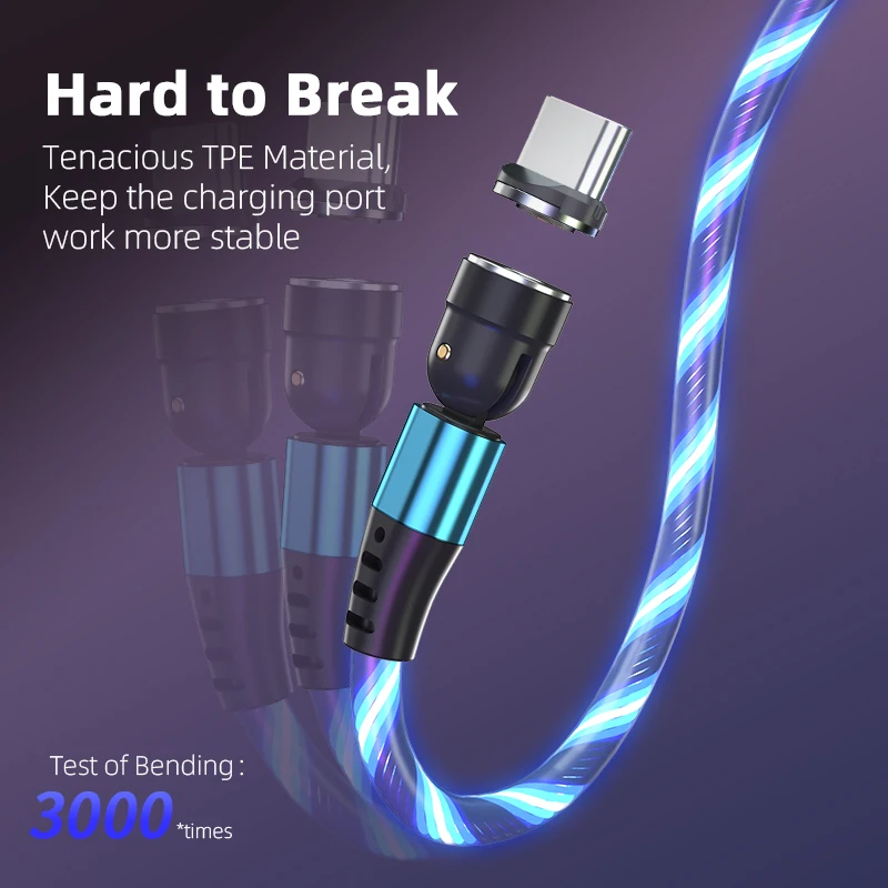 
Outdoor Party LED Dressing Up Phone Accessories 540 Degree Rotate Magnetic USB Cable LED Flowing Light USB Data Cable 