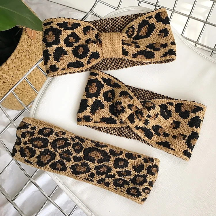 QianJin Leopard Print Knitted Headband Retro Wide-edge Knitting Hair Hoops High Elastic Hair Band Leopard Print Headband