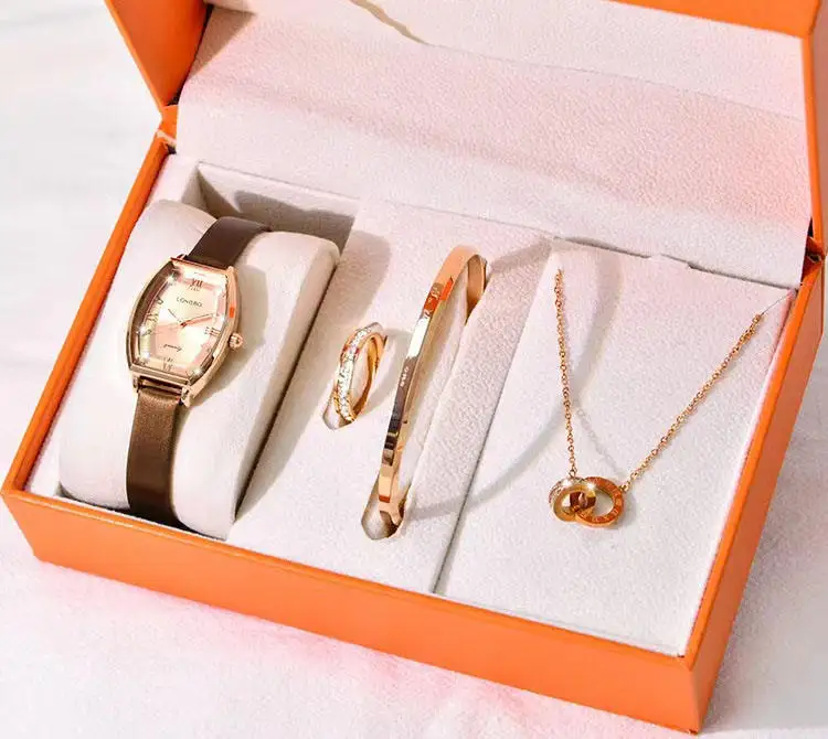 Luxury 4 PCS Jewelry Gift Set Gold Ladies Watch Sets Necklace Bracelet Watch Set Women